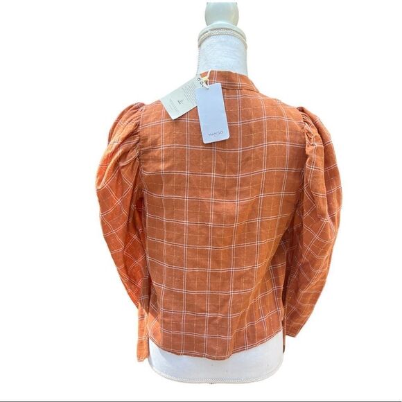 MANGO ORGANIC COTTON BLOUSE BROWN TAN CHECK PRINT GOLD METALLIC THREAD NWT SMALL - Picture 9 of 16